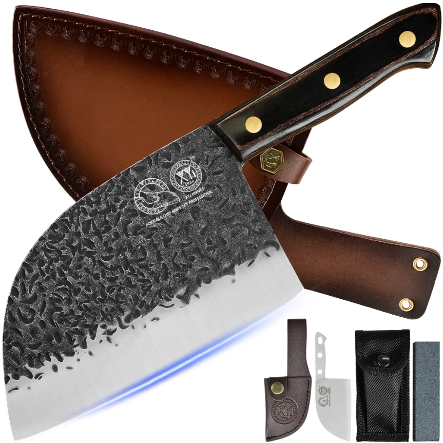 

XYj Serbian Style Knife With Sheath 7" Full Tang Wood Handle Cleaver Vegetable Chopper Kitchen Knife Stainless Steel Knife Tool
