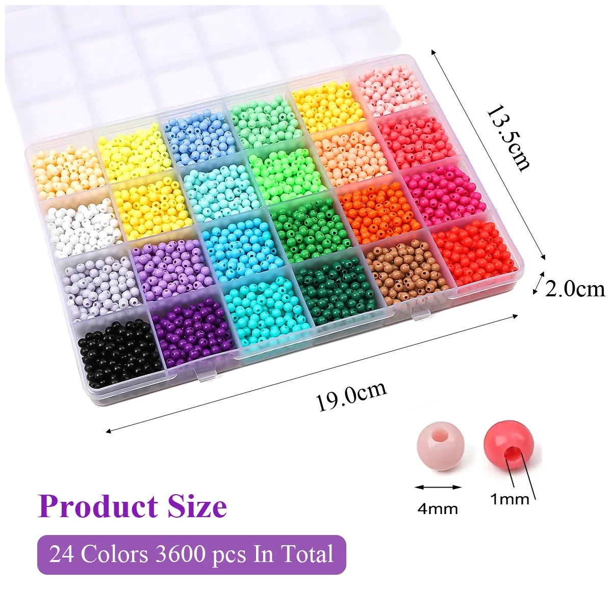 3600개입 캔디 컬러 아크릴 비즈 키트 24칸 4mm 솔리드 컬러 비즈 세트 박스, DIY 쥬얼리 팔찌 목걸이 제작용 수공예 재료