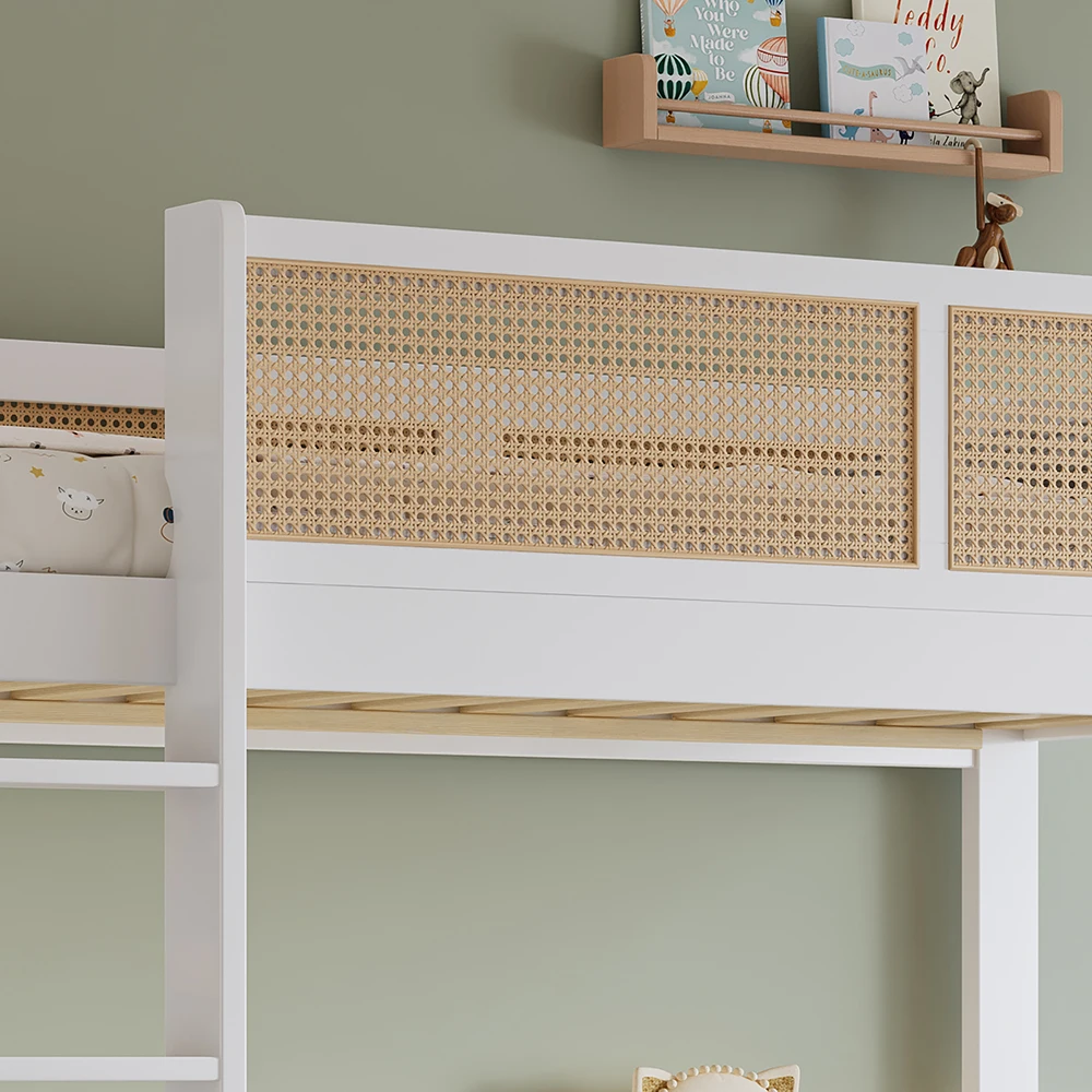 KOMHTOM Kinder Etagenbett 90x200cm, mit Geflochtener Rattanzaun, 3 Rollschubladen, Stabilen Lattenrost – Detail 5
