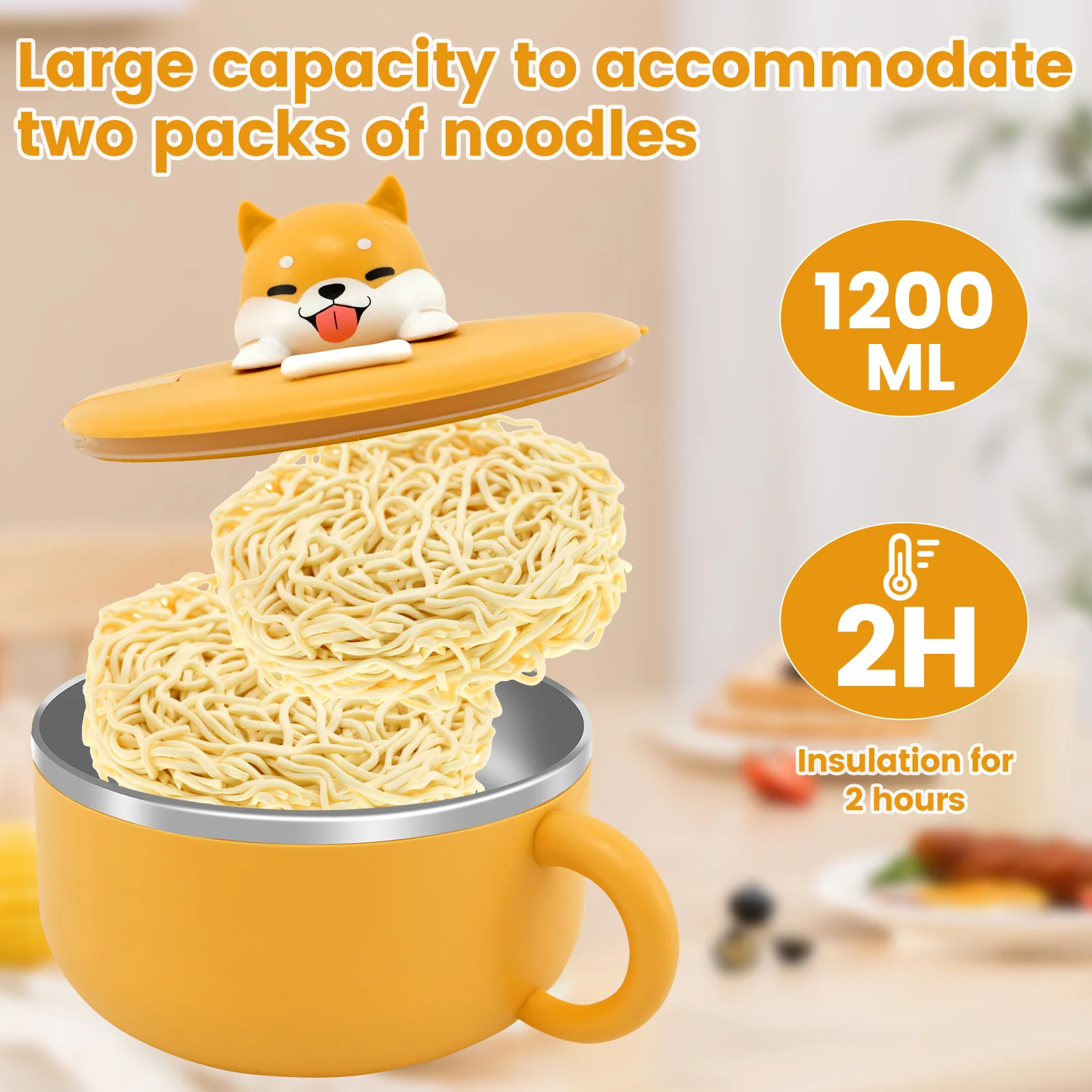 1200ml Ramen Bowl 304 Stainless Steel Noodle Bowl with Lid and Spork Heat Resistant with Handles Ramen Noodles Bowl Cooker