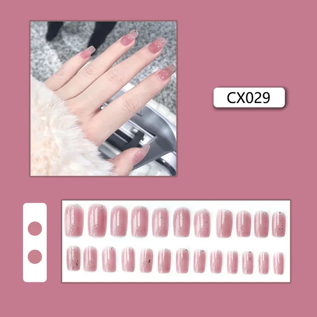 24pcs/box Fake Nails Press on Short Reusable with Designs Set French Artificial Pink False Tipsy Stick-on Nails Tips Art CX029