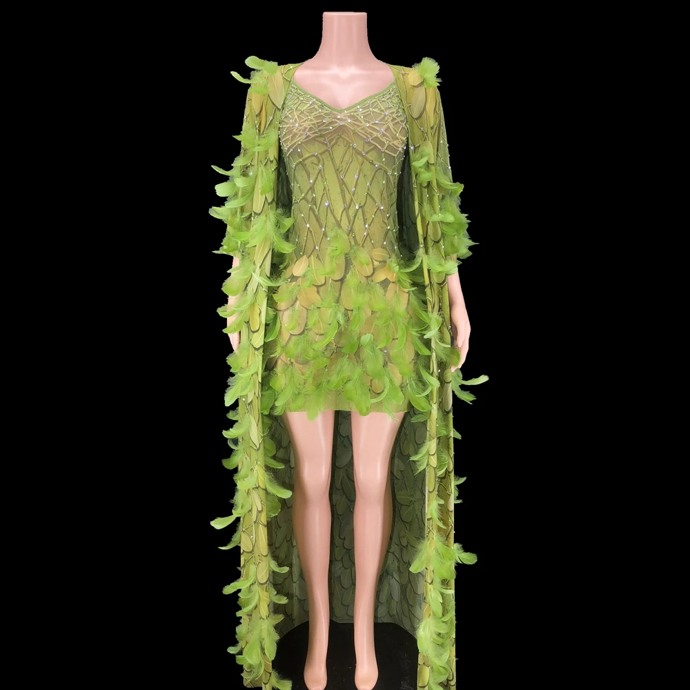 

Sparkly Rhinestones Feathers Dress Cloak Women Performance Costume Nightclub Outfit Dancer Show Stage Wear Birthday Party Dress