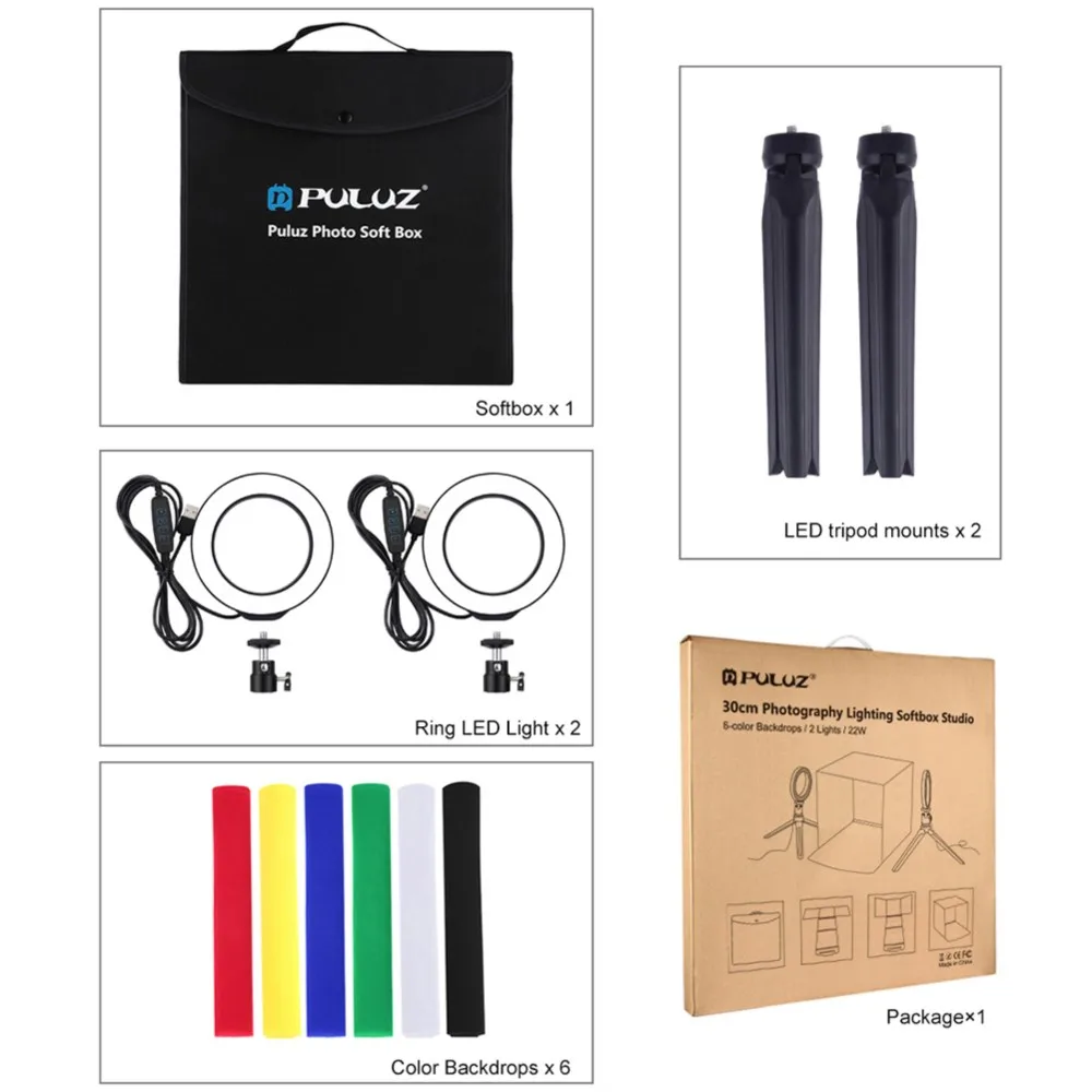 PULUZ Photography Accessories Set 30cm Folding Photo Softbox Studio Shooting Tent Box Kit LED Lamp Backdrops Kit with Tripod