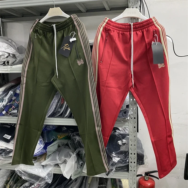 

New Fasion Army Green Needles Pants Men Women 1:1 Embroidered Butterfly Track Pants Straight AWGE Trousers