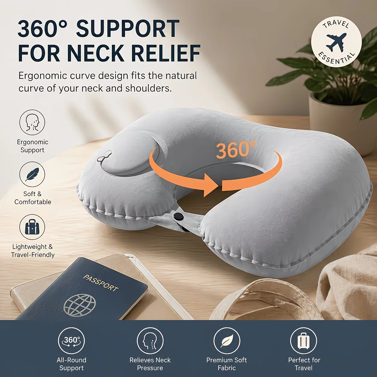 Compact Inflatable Travel Neck Pillow - U-Shaped, Hand-Washable, Portable Design