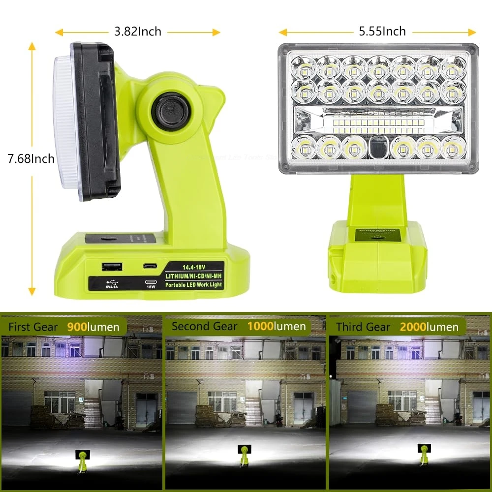 Cordless Led Work Light Compatible with Ryobi 18V Battery Rechargeable Jobsite L