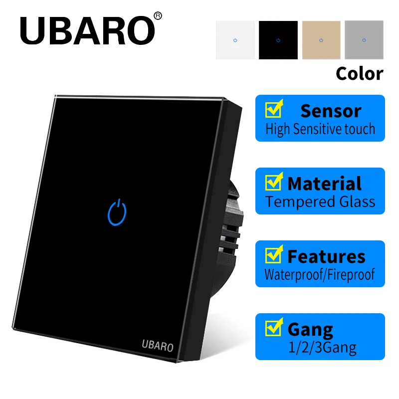 UBARO Eu 벽 터치 스위치 고급 유리 패널 Led 표시기 전원 조명 센서 버튼 라이브 와이어 제어 스위치 1/2/3 Gang