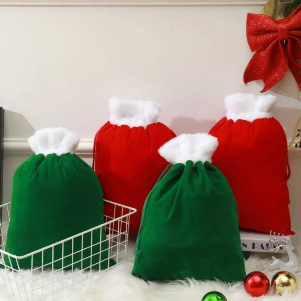 White Furry Trim Christmas Gift Bag Reusable Drawstring Holiday Bag