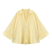 Summer Women's Curled Wide Sleeves Linen Blended Striped Asymmetric Casual Shirt Versatile Collar Linen Blended Printed Shirt - Image 4