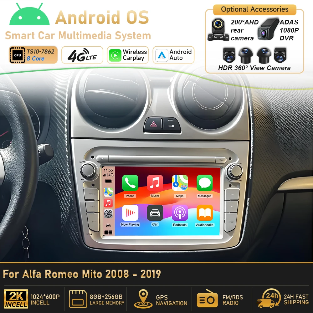 Radio de coche de 7 pulgadas para Alfa Romeo Mito 2008 - 2019 Android 16 QLED Reproductor multimedia estéreo Reproductor de video Carplay Auto GPS Wifi 1