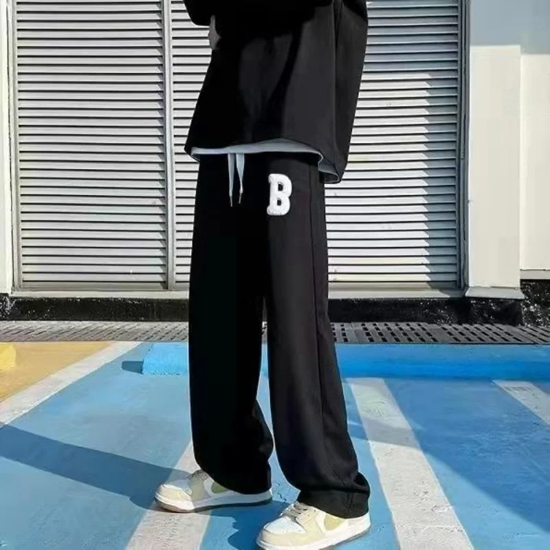 High Street Sports Trendy Straight Casual Pants Men Embroidery Loose Elastic Waist Sports Drawstring Pockets Wide Leg Trousers
