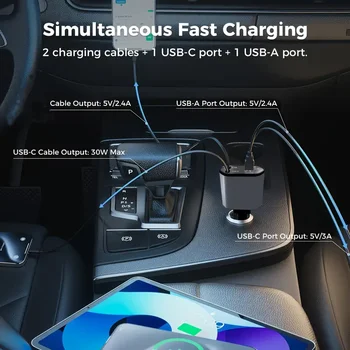 4 in 1 120W Car Charger Retractable Car Cigarette Lighter Adapter USB Type C Fast Charger Cable for IPhone Xiaomi POCO Samsung 2