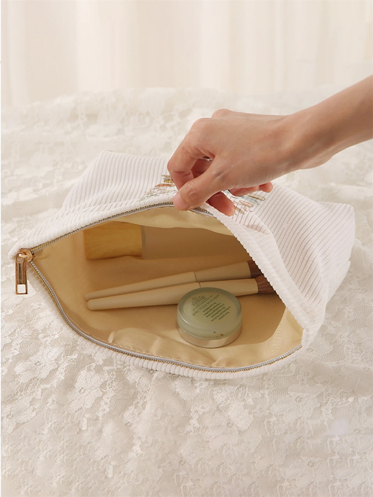 1pc cartoon pattern printed corduroy makeup bag, lightweight zipper makeup storage box, multifunctional bag with lining