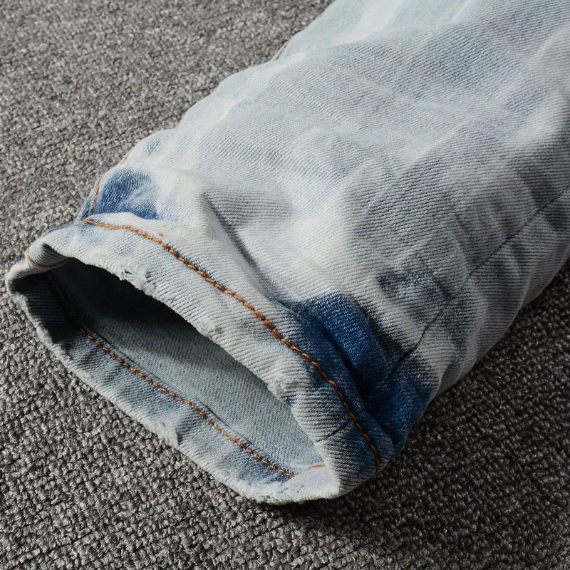 High Street Fashion Men Jeans Retro Light Blue Stretch SKinny Fit Brand Jeans Homme Tie-Dye Designer Hip Hop Denim Pencil Pants