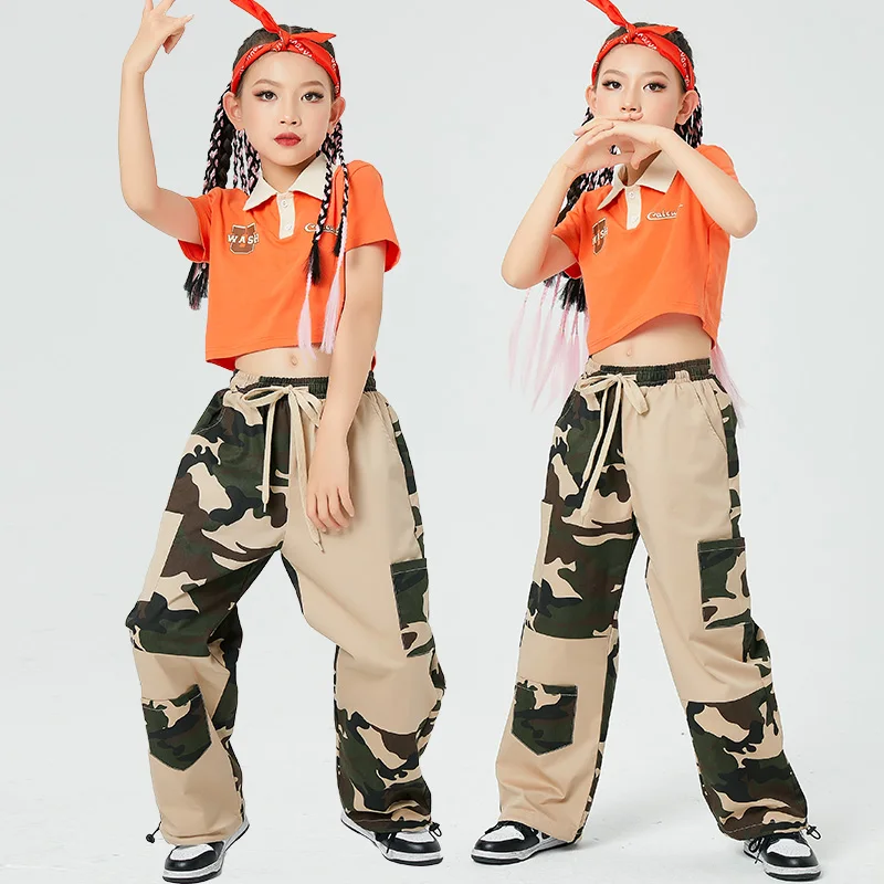 2023 Hip Hop Dance Clothes Girls Orange Tops Camouflage Cargo Pants