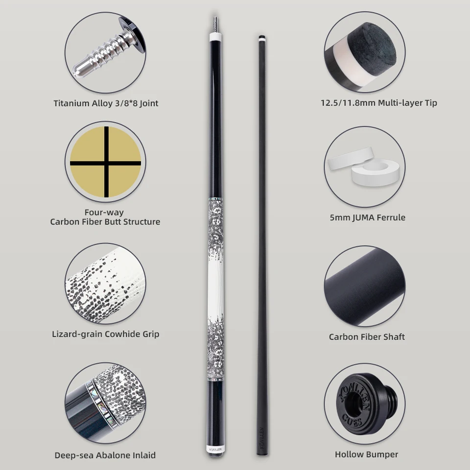 KONLLEN カーボンファイバービリヤードキュー スティック 低偏向 12.5