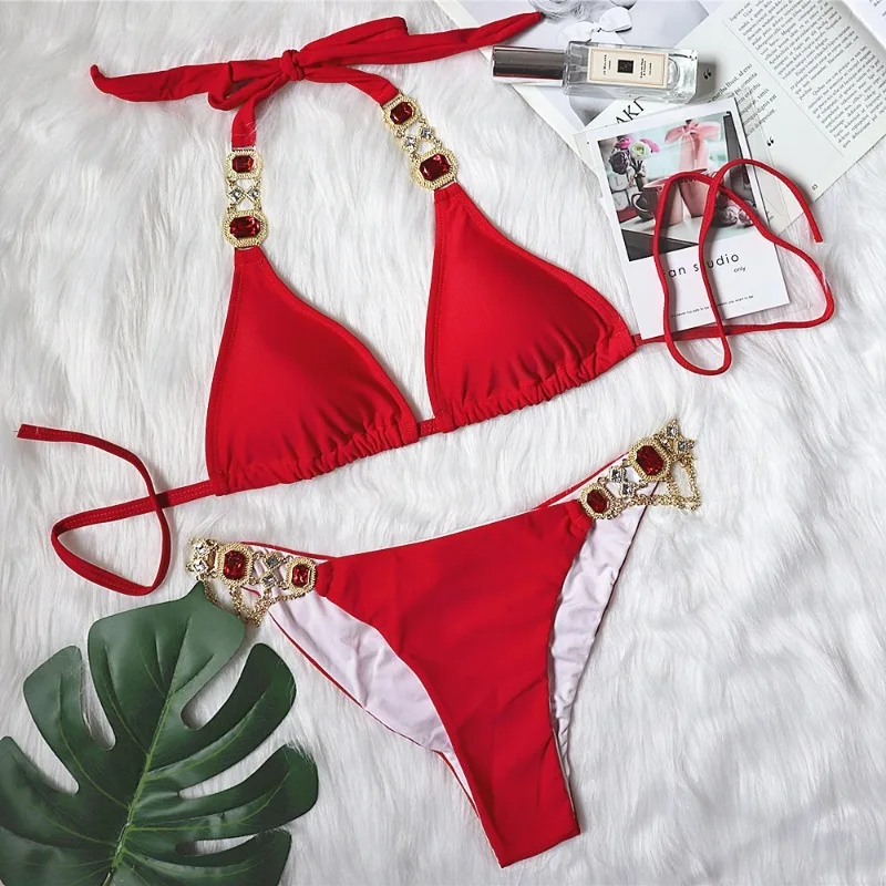 Women's Rhinestone Triangle Bikini Set Sparkly Rave Outfits 2 Piece Sexy Swimsuit Bathing Suit