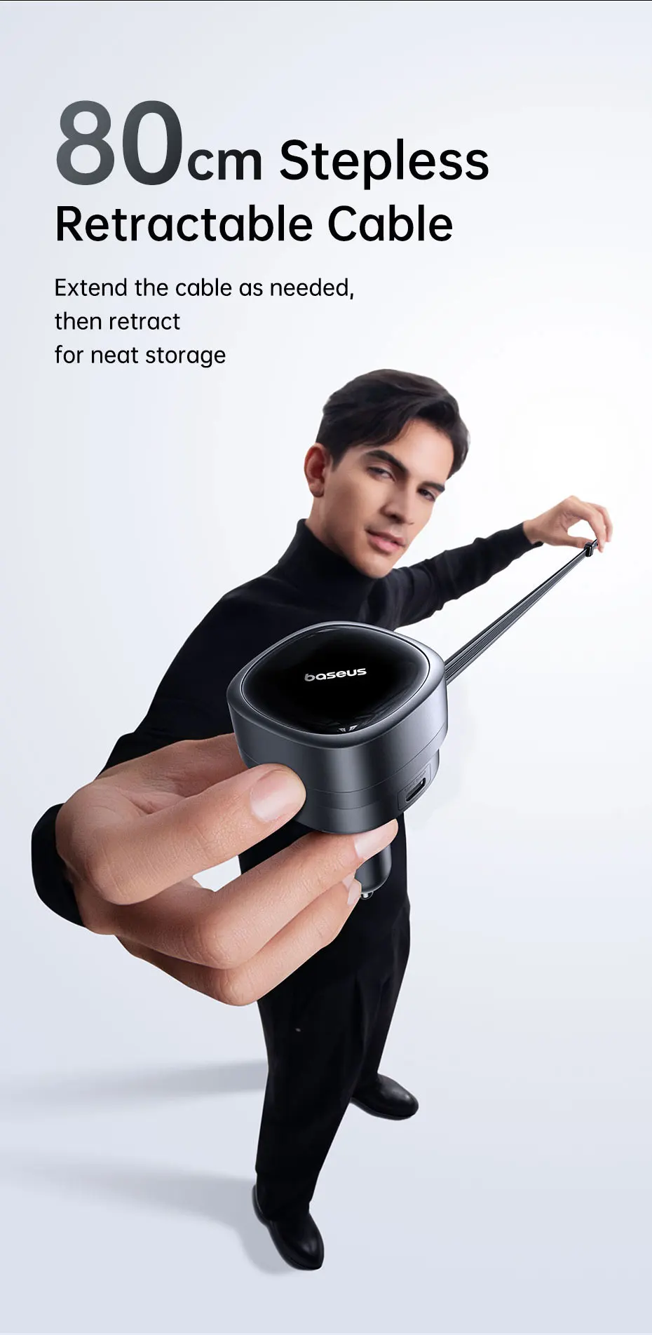 60W Car Charger 45W Retractable Cable 3 Ports Fast Charging 180° Rotating Car Ph
