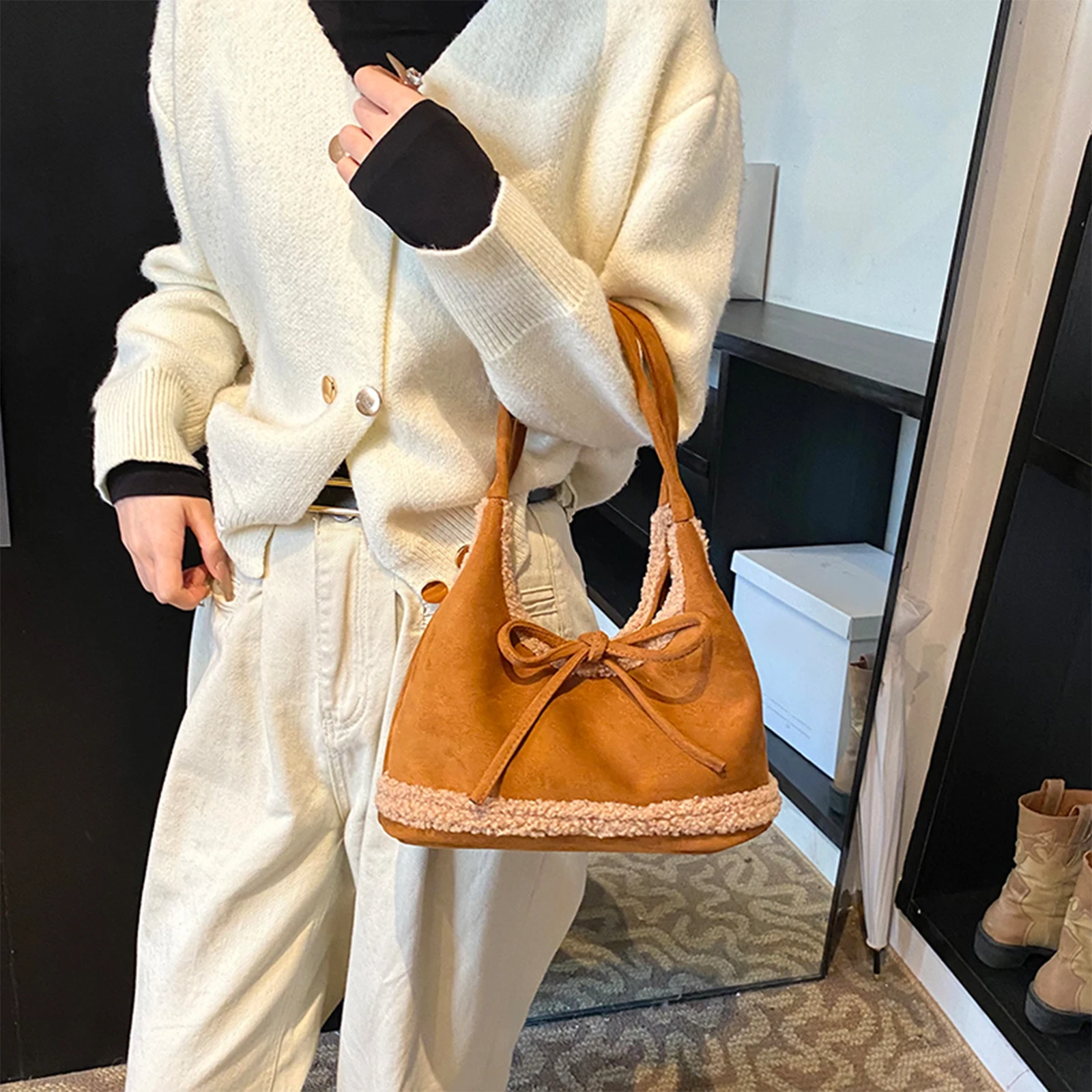 Women Frosted PU Bow Handbag Lamb Wool Underarm Bag Shoulder Purse Large Capacity for Daily School Travel