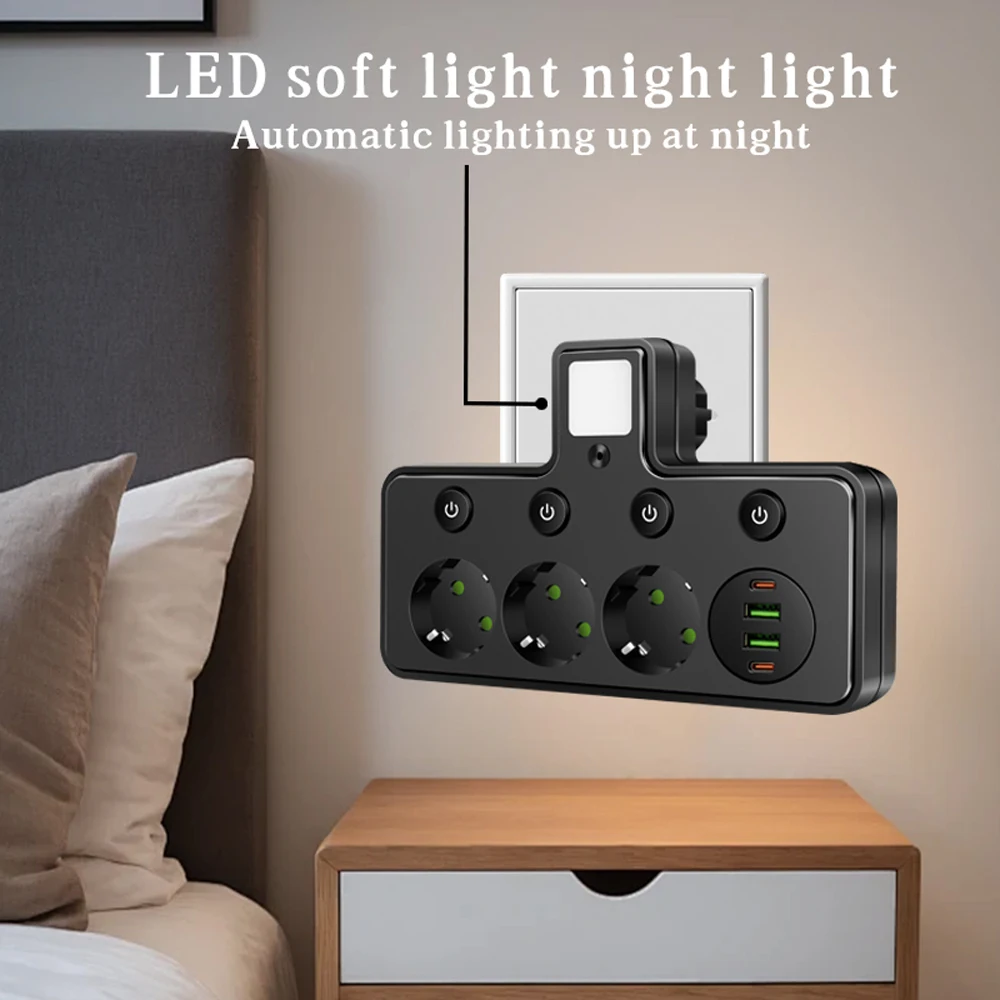 Smart Power Strip with USB-C, Night Light, and Independent Switches (EU Plug)