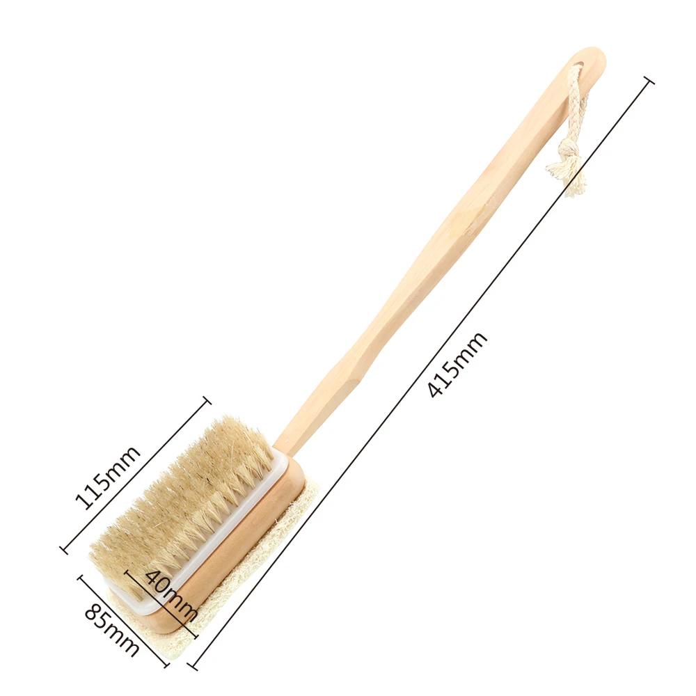 Body Back Cleaning Brush Skin Cuticle Grease Remove Wooden Handle Loofah Bristle Both Side Bath Brush Massage Shower Bath Sponge 5