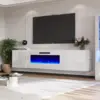 Floating Fireplace TV Stand Wall-mounted Mirror with 40-inch Electric Fireplace Modern LED Lights Media Console All White 1