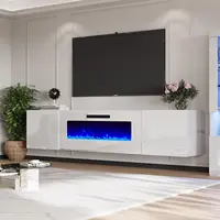 Floating Fireplace TV Stand Wall-mounted Mirror with 40-inch Electric Fireplace Modern LED Lights Media Console All White 1