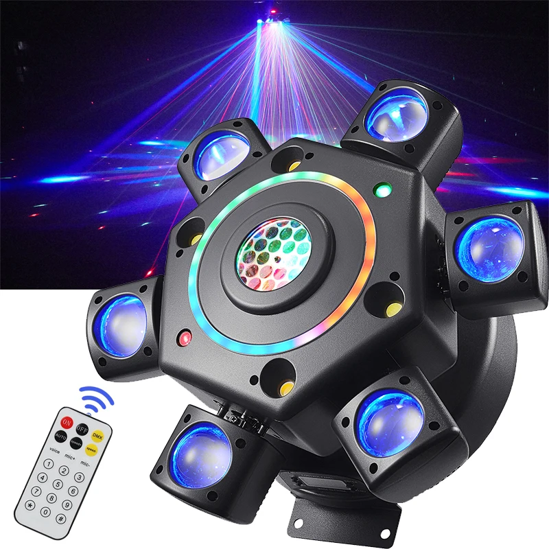 Sześciogłowicowe ruchome głowice LED z laserem, stroboskopem, obrotową magiczną kulką, wielofunkcyjne oświetlenie DMX do dyskotek, DJ-ów, barów, na scenę.