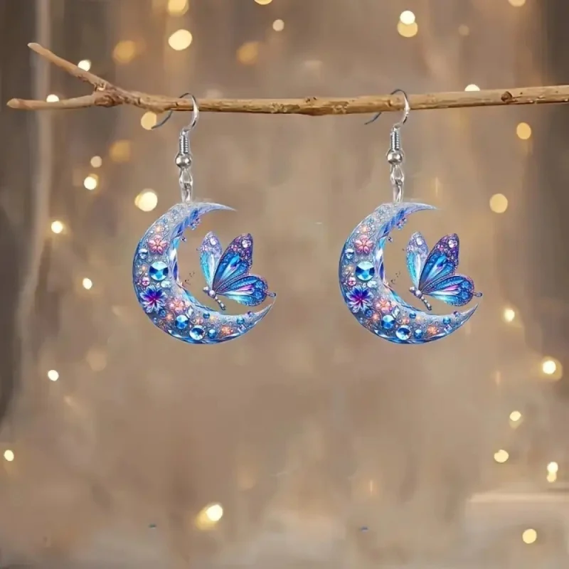 Van Gogh Starry Sky Acrylic Earrings with Moon and Black Cat Design - Unique Ladies' Accessory