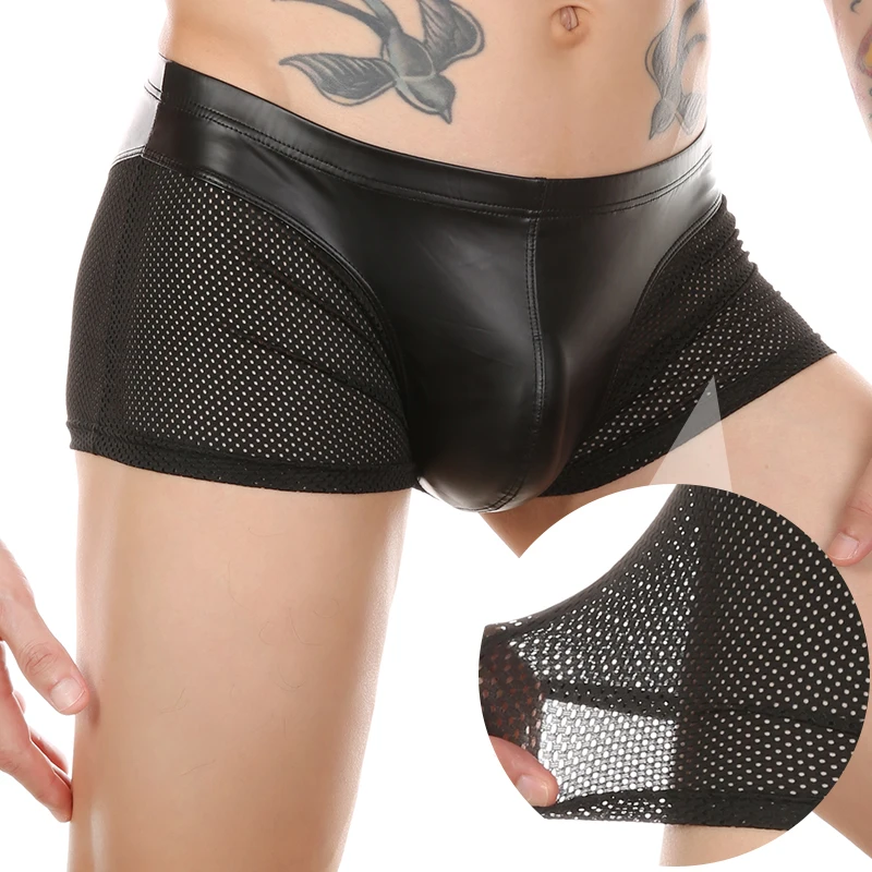 

Men's Sexy Faux Leather Mesh Soft Cropped Boxers Ultra-Thin Breathable Fishnet Panties Bulge Penis Bag Fetish Lingerie Outfit