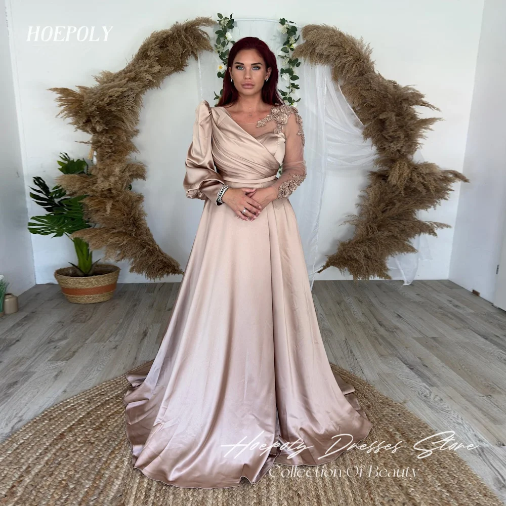 

Hoepoly Satin A-line O-neck Ruffle Applique Arab Prom Gown Floor-length Saudi Elegant Formal Evening Party Dress for Women 2023