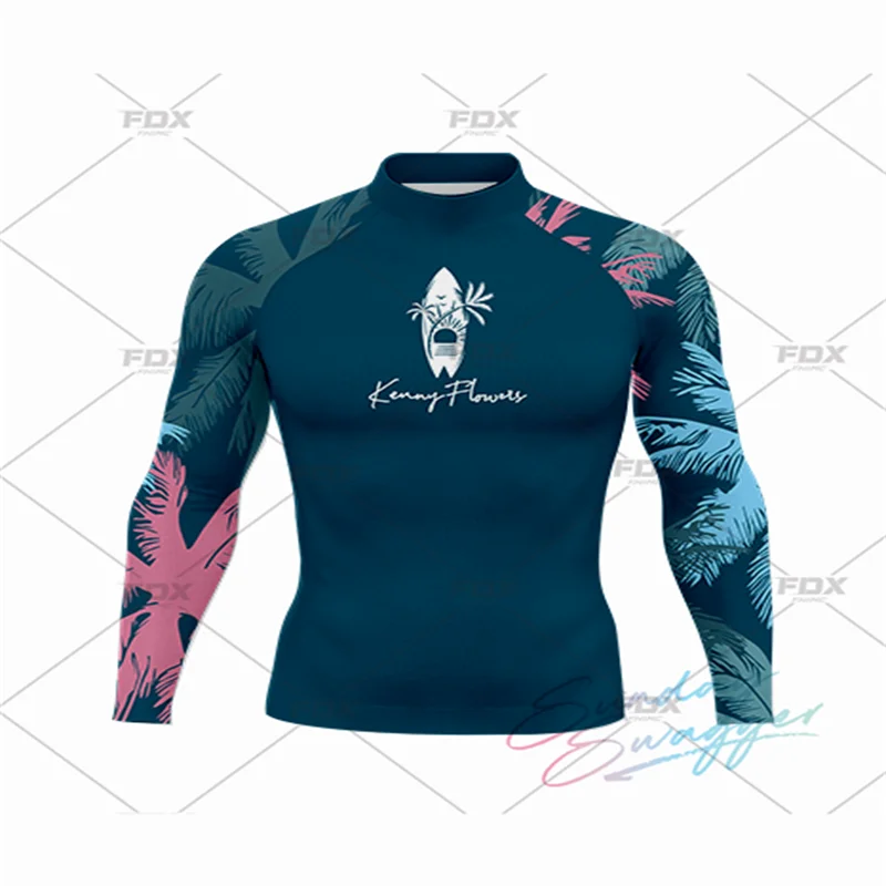 Summer Funny Long Sleeve Surf Swim T-shirt Men's Beach UV Protection Swimwear Rash Guard Surfing Swimsuit Tops Tight Gym Clothes
