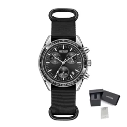 MEGIR Chronograph Men's Sport Quartz Watch - Waterproof Canvas Strap with Calendar Function (Silver Black)