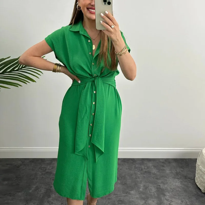 Vestido Camisero De Algodón Y Lino - Manga Corta Casual