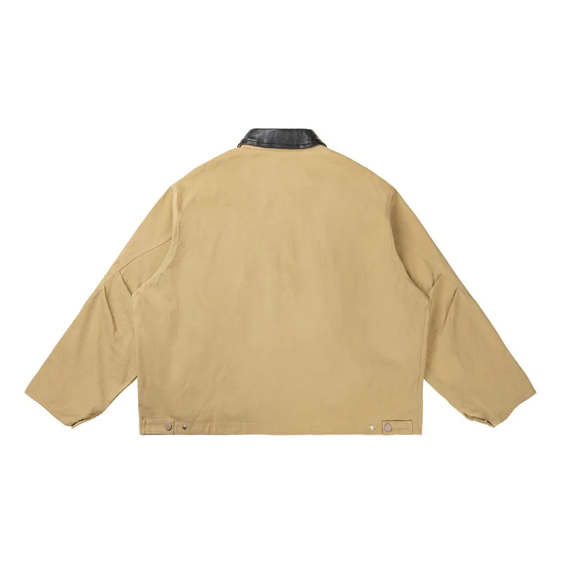 Men Splice Leather Collar Loose Casual Streetwear Fashion Brand Vintage Short Cargo Jacket Techwear Coat Cityboy Outerwear 3