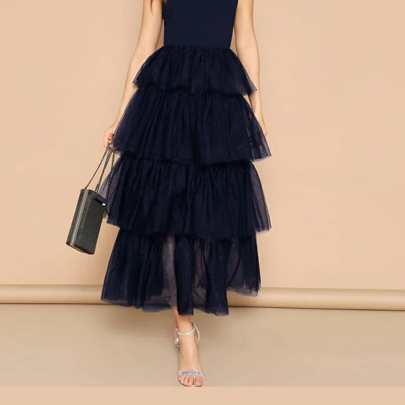 Фото Модная классическая черная летняя юбка тюлевые многослойные юбки с оборками