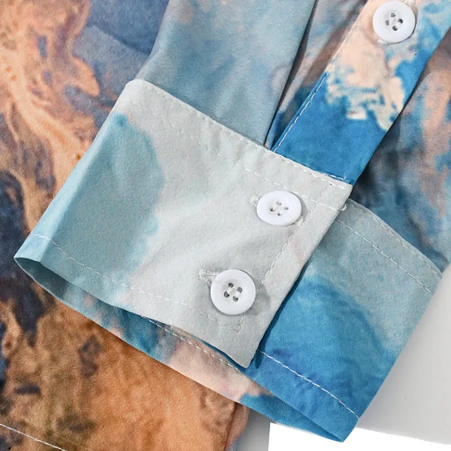Aelfric Eden Tie Dye Painting Print Beach Hawaiian Shirts Long Sleeve Button Shirt Hip Hop Harajuku Casual Holiday Party Blouse