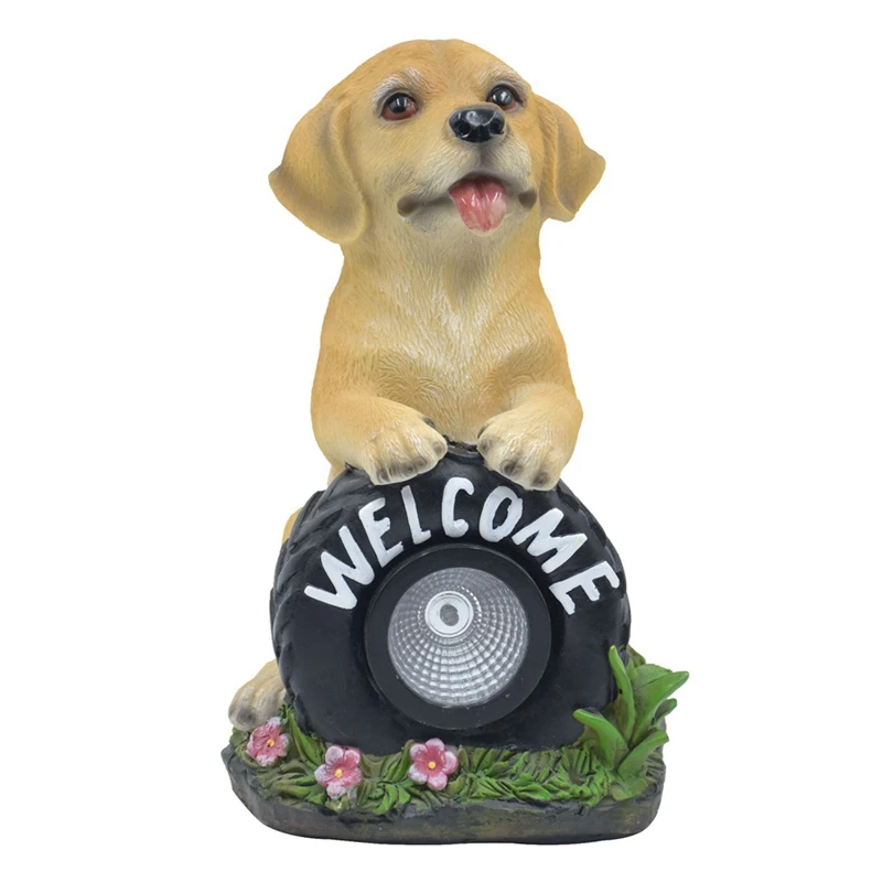

Solar Garden Dog Statue Welcome Sign With LED Lights Resin Solar Powered Puppy Figurine Decorative Sculpture For Patio Durable