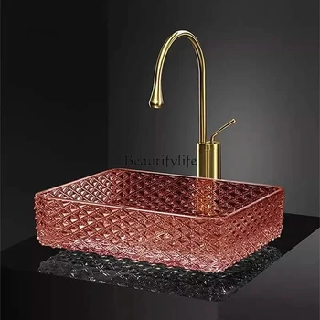 อ่างล้างหน้าแบบวางบนเคาน์เตอร์ ดีไซน์โปร่งใสลายนูน สำหรับห้องน้ำ อ่างแก้วดีไซน์สร้างสรรค์ สไตล์นอร์ดิก รูปทรงสี่เหลี่ยมผืนผ้า 2