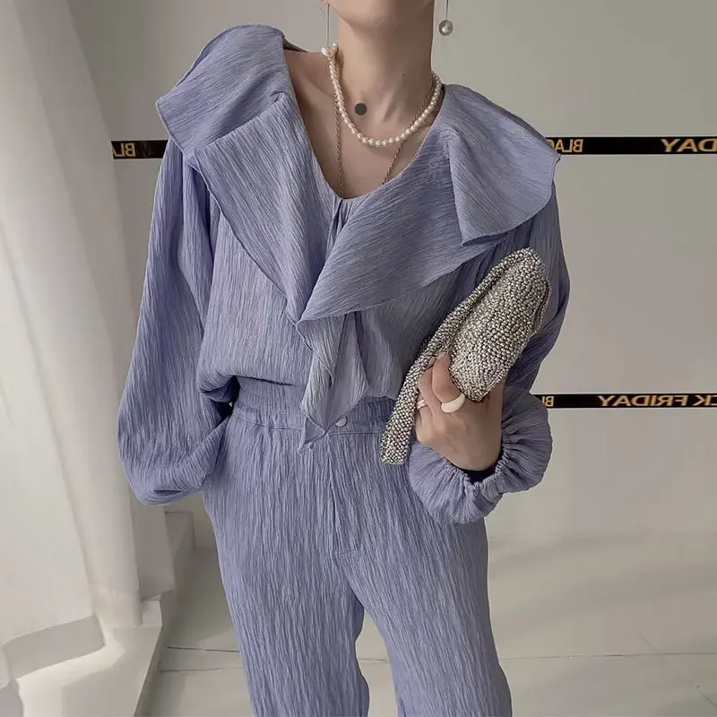 

Elegant Fashion Suit 2 Piece Set Women V-neck Ruffles Shirts Tops Casual Pleated Wide Leg Pants Set Korean Woman Clothes Outfits