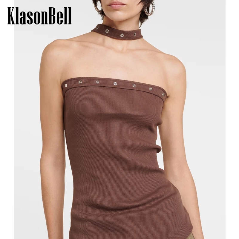 

2.29 KlasonBell Hot Sweet Girl Fashion Metal Hollow Out Decoration Sexy Backless Halter Lace -up Knit Tank Top Women Clothes