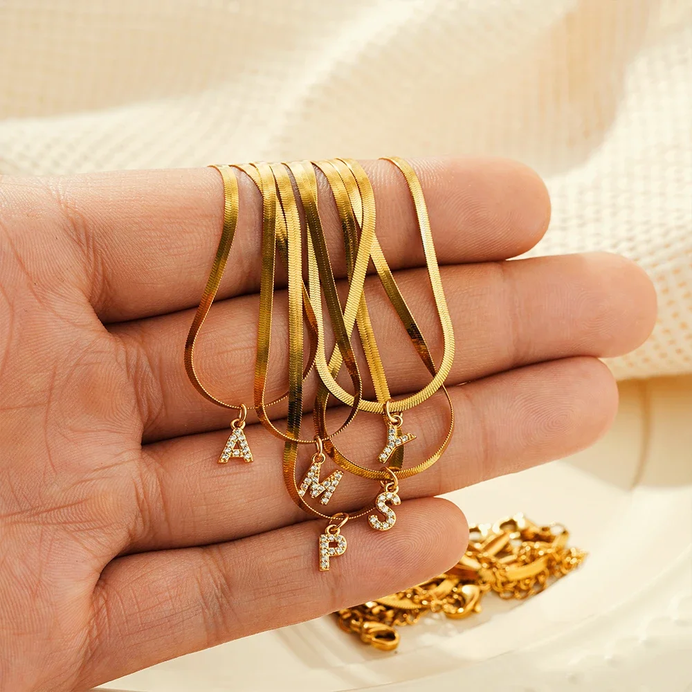 New Stainless Steel Shiny Zircon Alphabet Letter Pendant Necklace Waterproof Flat Snake Chain Mini Initial Choker Collar Jewelry