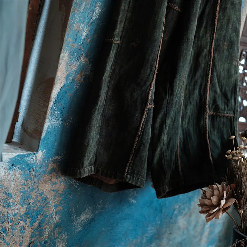 Johnature 여성 빈티지 가을 넓은 다리 바지 탄성 허리 코튼 바지 패치 워크 느슨한 2025 새로운 짙은 녹색 바지