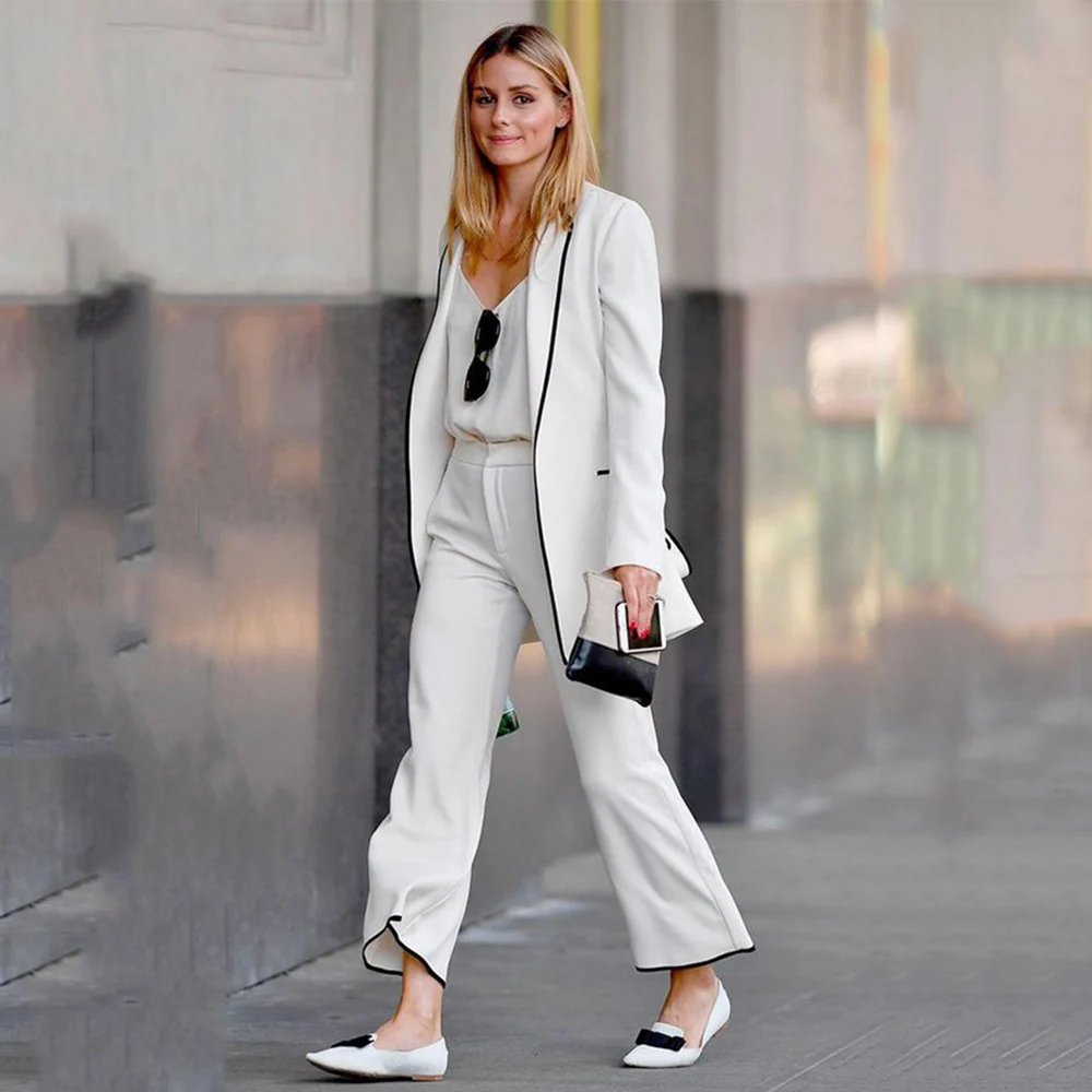 Two Piece White And Black Suit For Women Soft Fabric Jacket Pants For Wedding Party Slim Fit Belt Suit Set