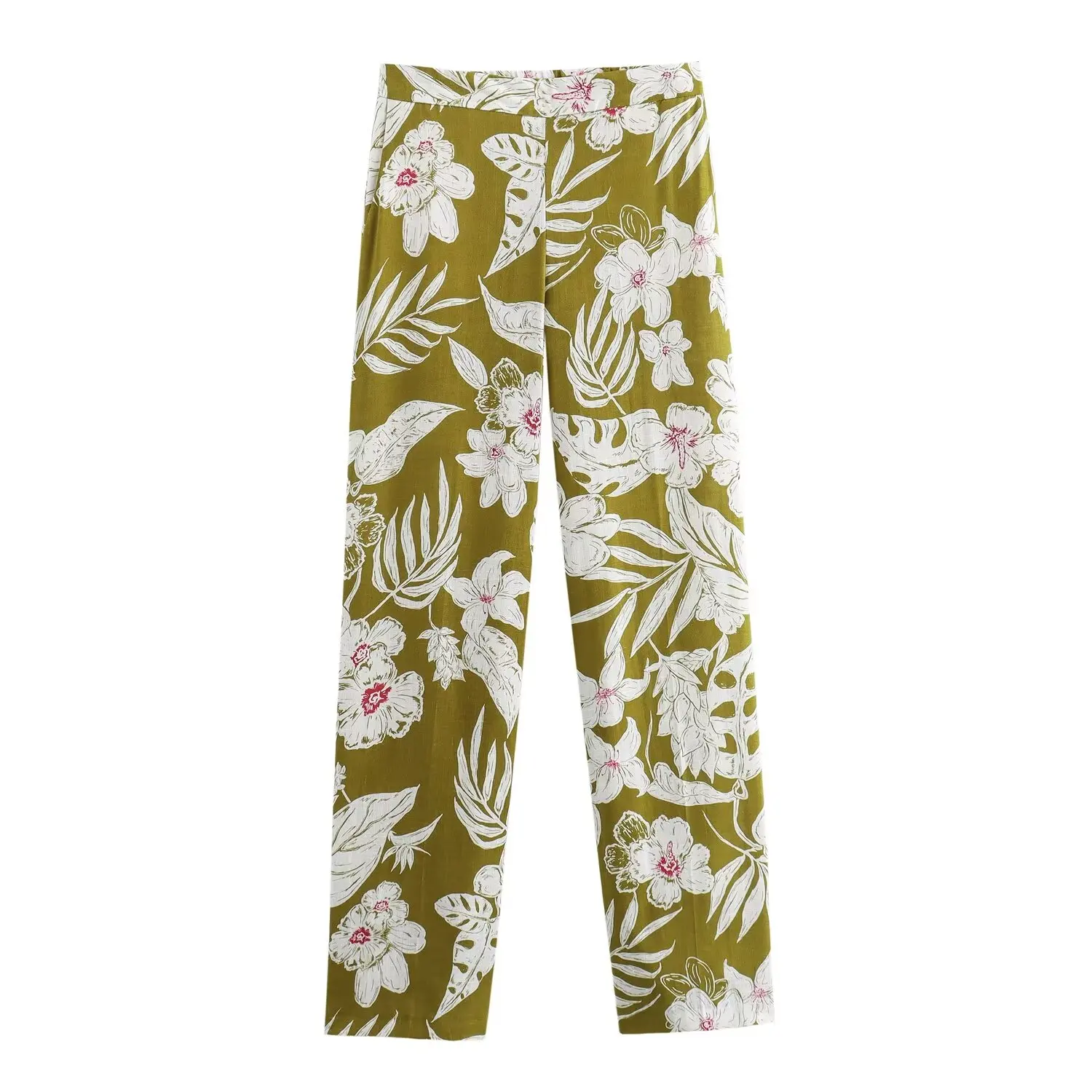 HH TRAF Pantalones holgados con estampado de flores y plantas para mujer, moda 2024, pantalones anchos ajustados informales con cremallera y bolsillos laterales elegantes para mujer