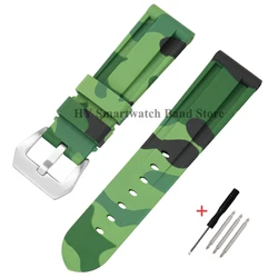 Camouflage Silicone Waterproof Sport Watch Strap - Durable Rubber Band - 24mm (CamoGreen - Silver)