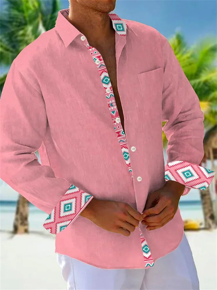 

Men's shirt splicing pattern solid color pink blue comfortable and soft new pattern casual outdoor beach men's top pocket shirt