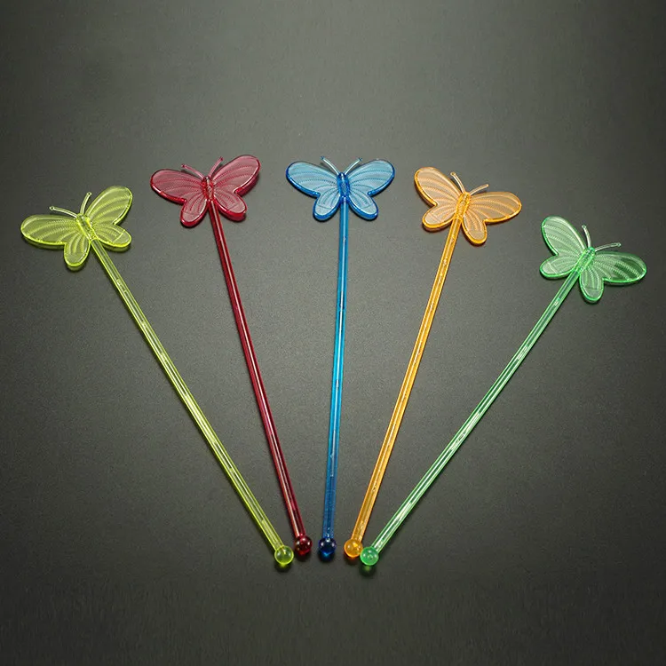 Disposable skewers Butterfly Transparent Color Plastic Cocktail Picks Bar Barware Tools Disposable Stirring Stick PS Plastic 22cm 30 PCs/Lot