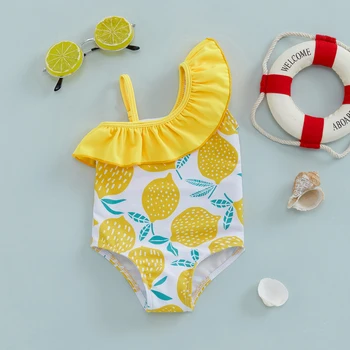 BeQeuewll Costume da bagno estivo per bambina, abbigliamento da spiaggia, volant, senza maniche, monospalla, stampa limone, costume da bagno per neonato 1