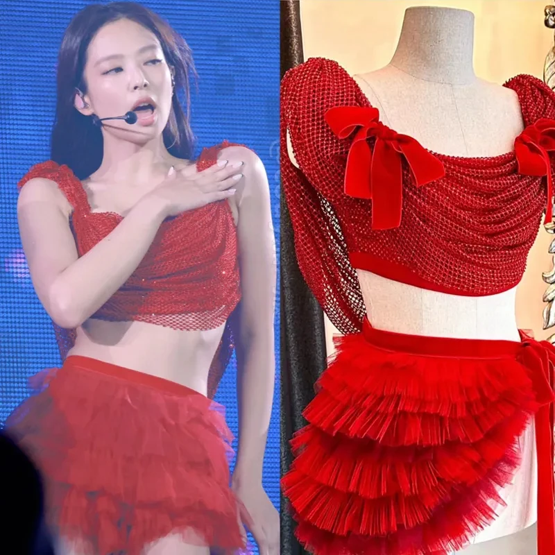 

Корейская сценическая одежда для певицы Kpop, красные короткие топы, кружевная юбка, женская одежда для джазовых танцев, сексуальный костюм для горячей девушки, одежда для выступления на сцене